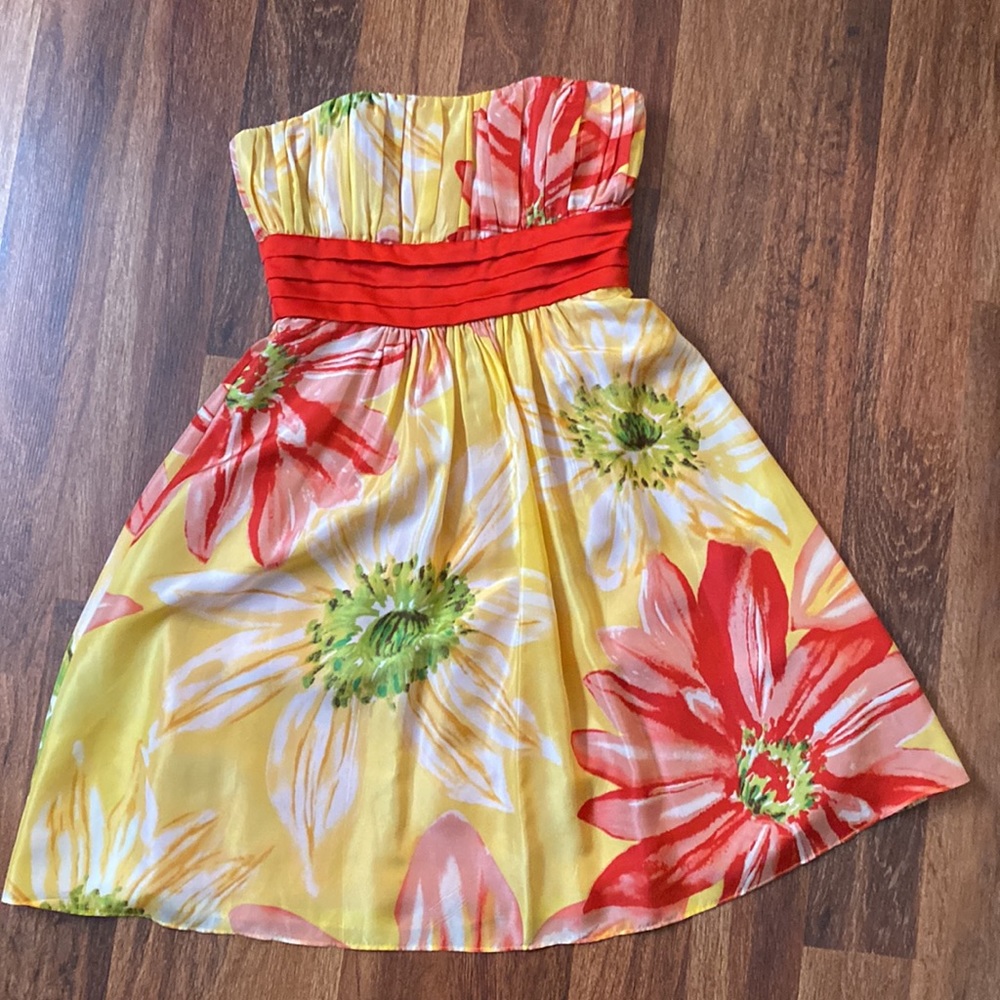 BCBG Silk Dress Strapless Floral